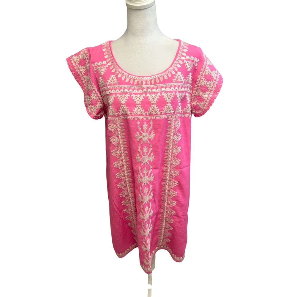 THML Embroidered Shift Dress Short Sleeve Pink White Sz L Boho Coastal Peasant